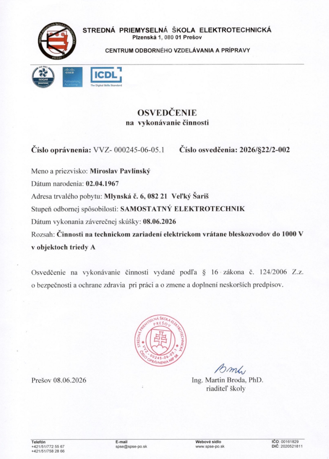 Certifikát PAMI MONT