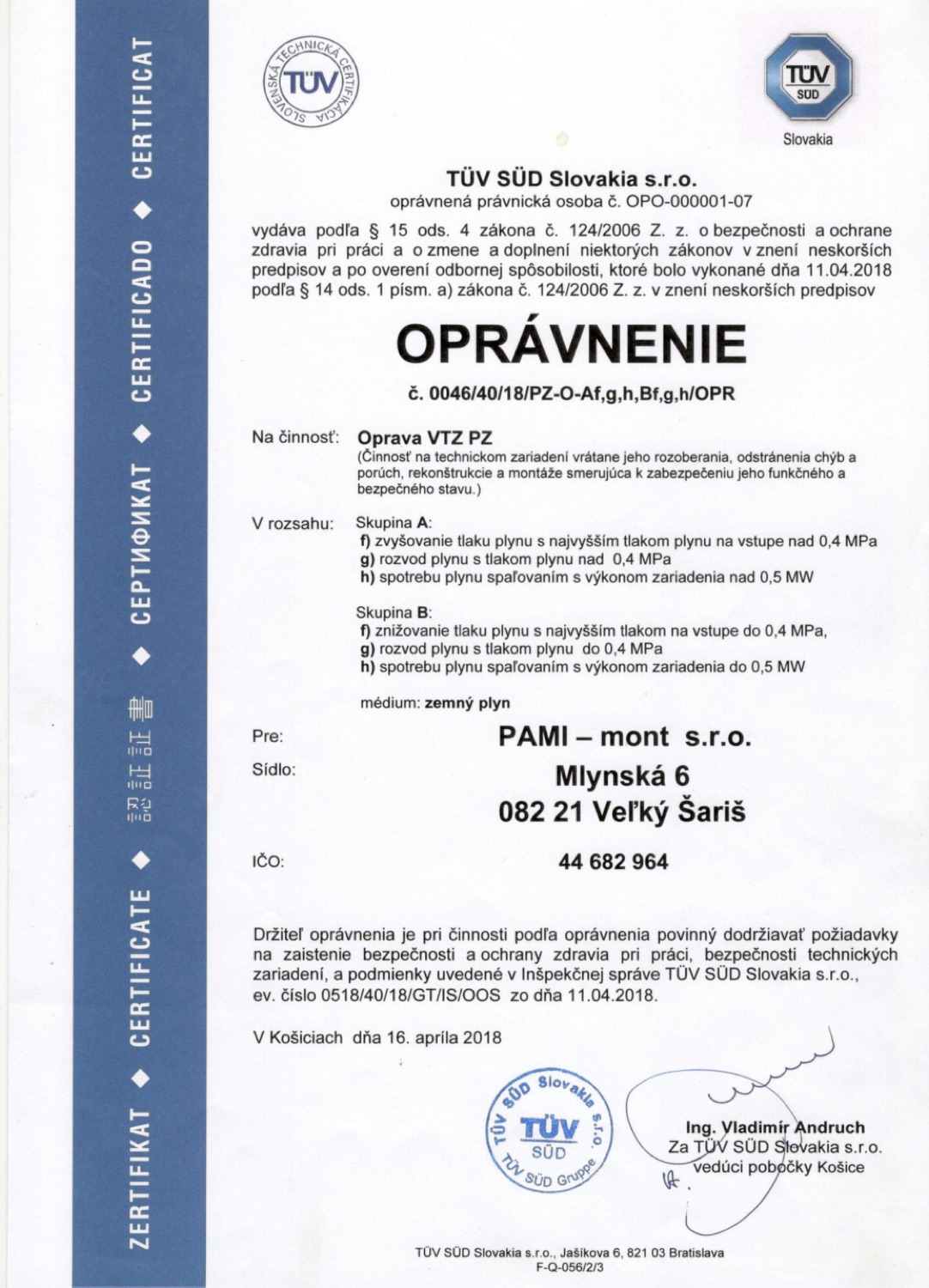 Certifikát PAMI MONT